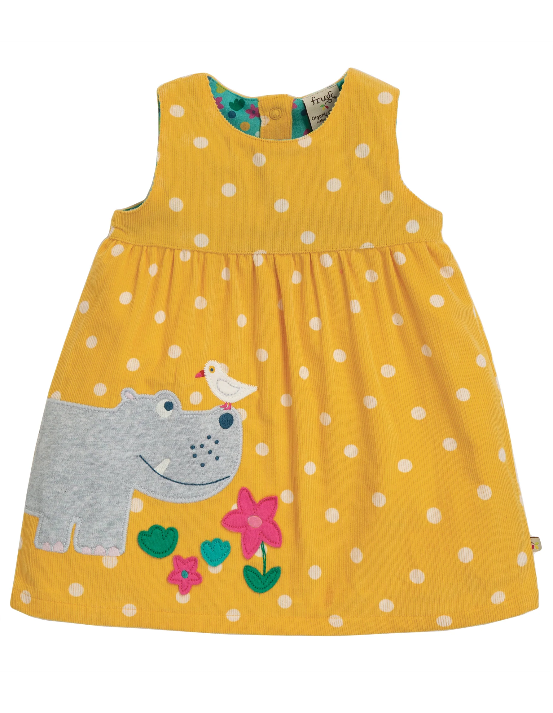 Kleid in gelb mit Nilpferd appliziert von Frugi